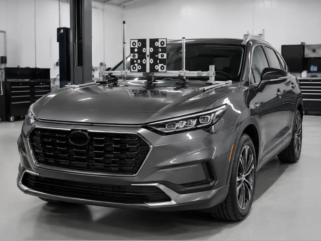 ADAS static calibration in progress with manufacturer-style targets and alignment equipment