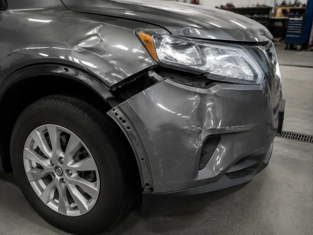 Front corner before repair: shifted bumper, distorted fender, uneven gaps at headlamp and wheel opening