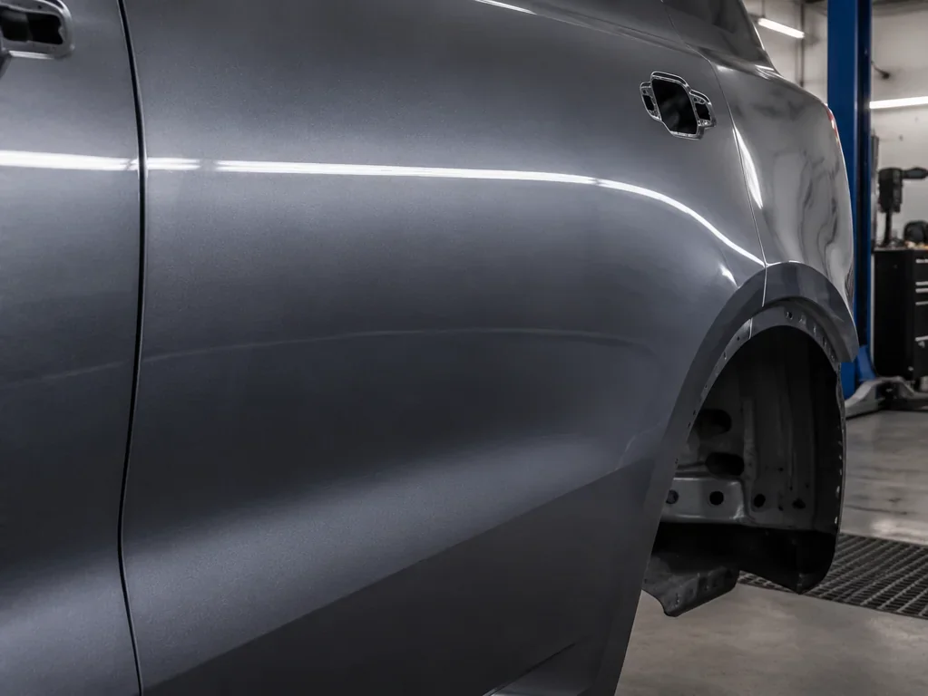 Same panel after metal shaping and body-line restoration with OEM-style finish