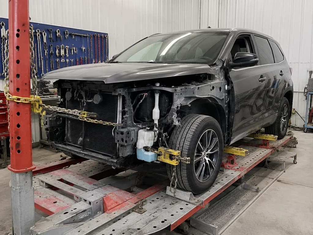 SUV on frame machine during structural correction of front rail and core support