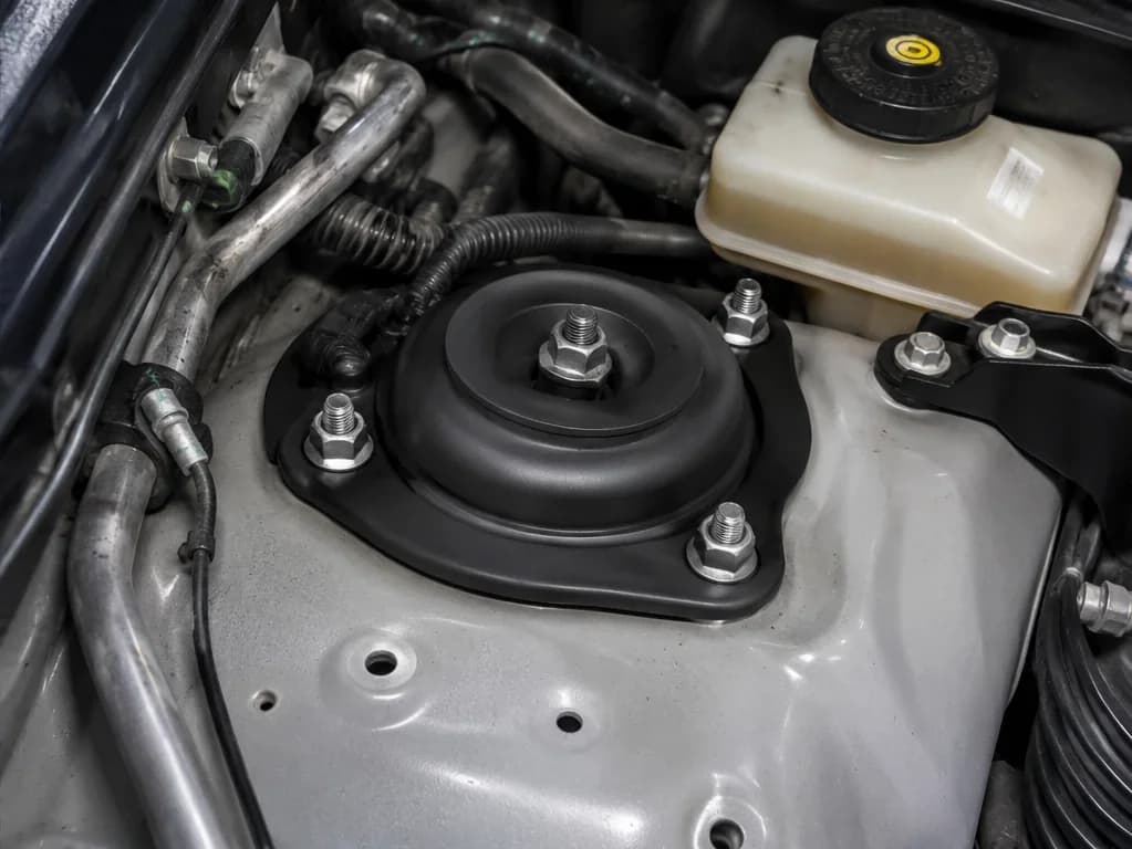 After repair: restored mount assembly, clean installation, and verified suspension geometry
