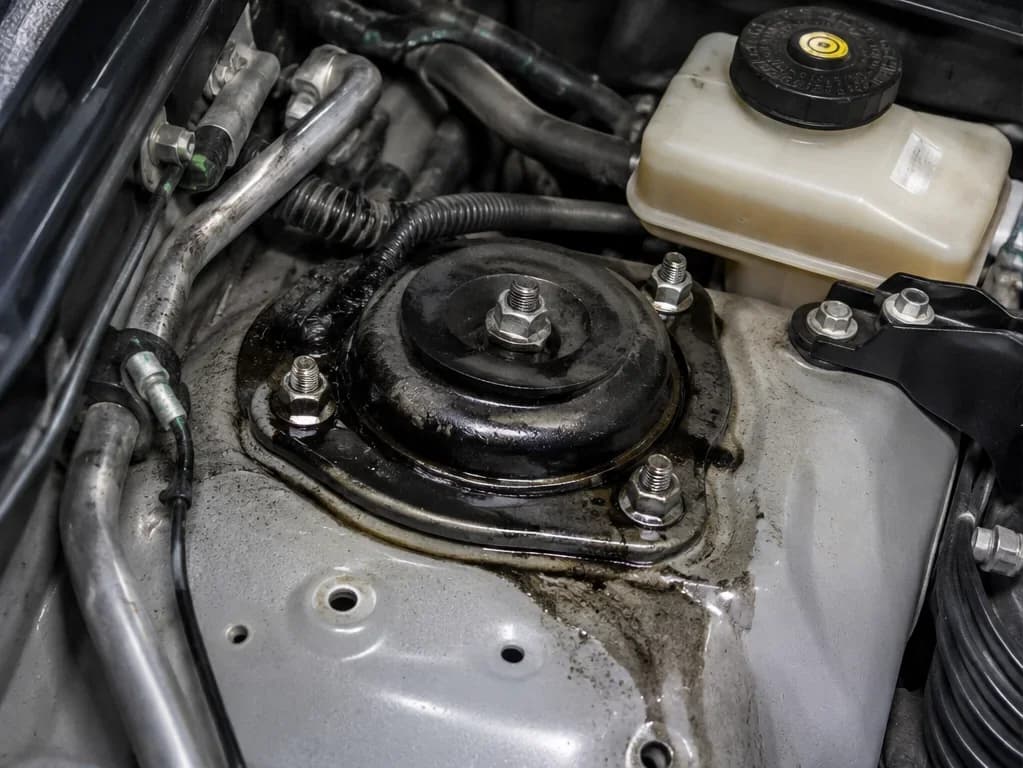 Before repair: collision-related damage at upper suspension mount and strut tower area