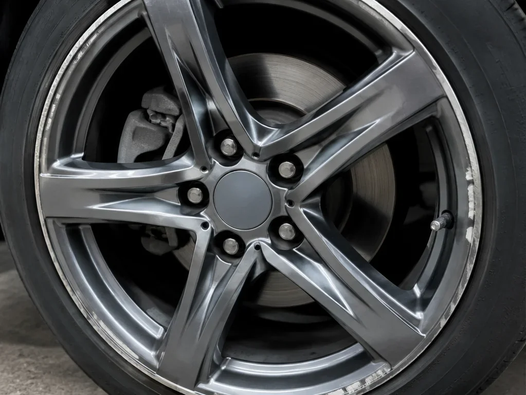 Alloy wheel before repair: curb damage on outer lip and spoke edge, finish loss on machined face