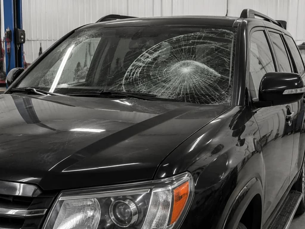 Windshield before replacement: spider fracture across driver visibility, ADAS mounting affected