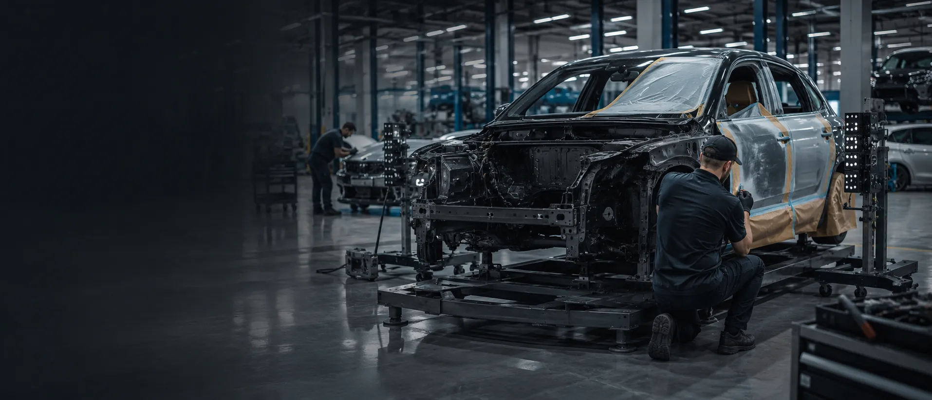 Technician working on vehicle body repair in a collision shop