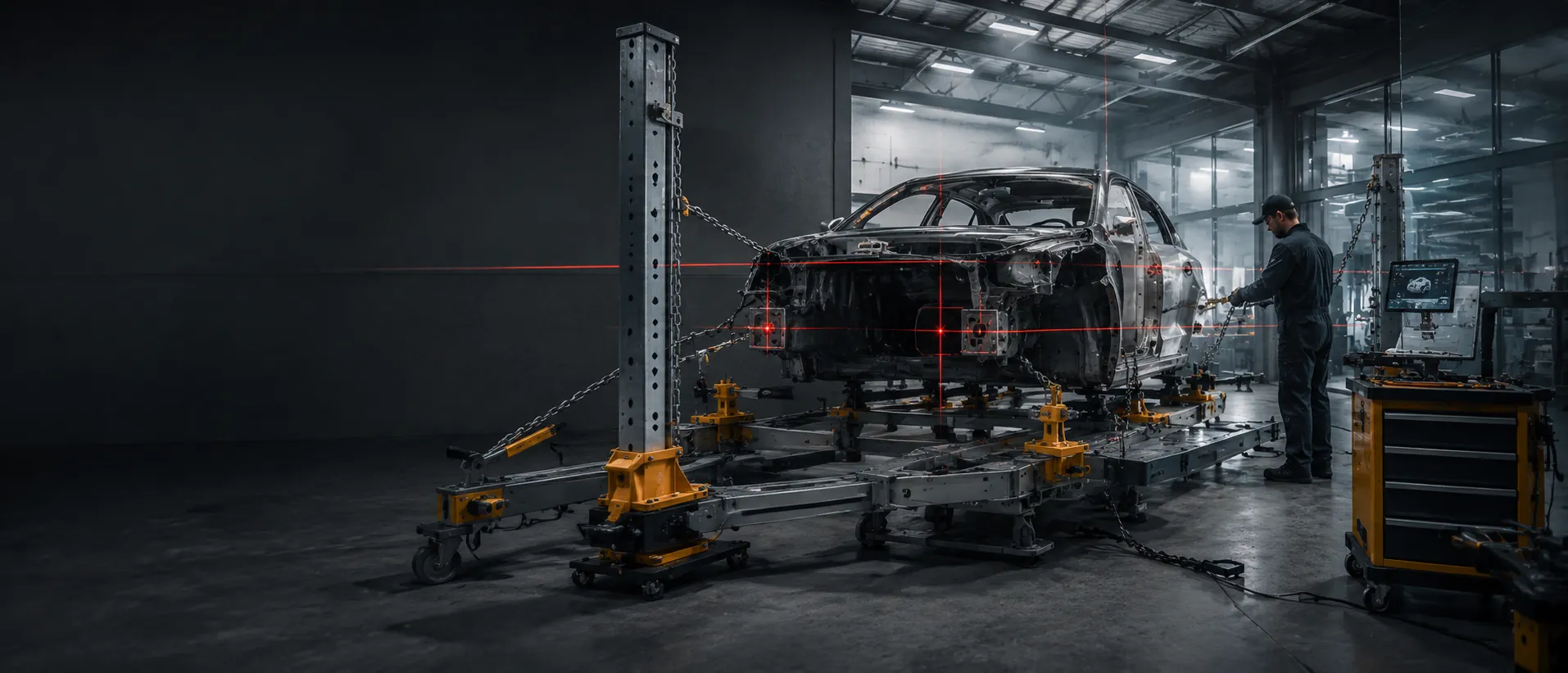 Structural repair bay with measuring and alignment equipment